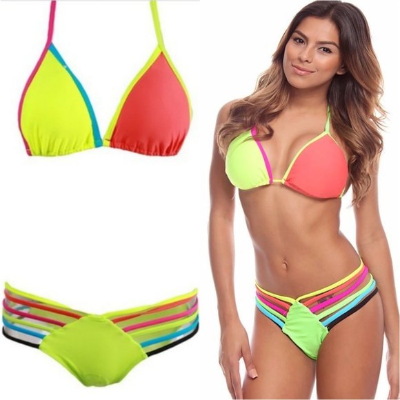 LAST ONE Neon Rainbow Strappy Halter String Bikini - Picture 5 of 8